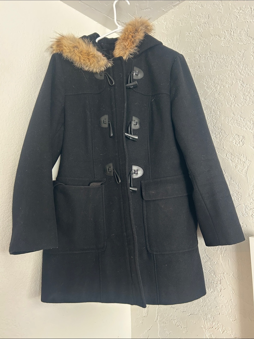 London Fog Black Wool Pea Coat with Fox Fur Trim